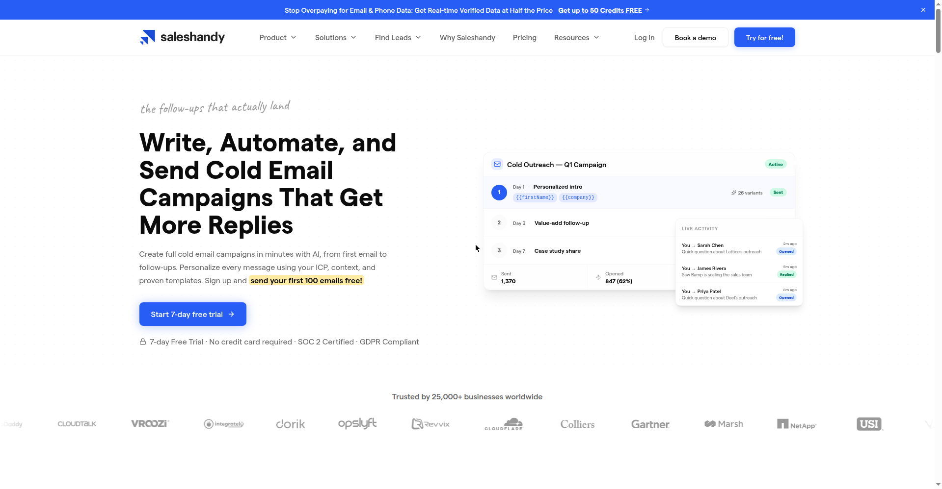 Saleshandy cold email product page showing a sample multi-step campaign