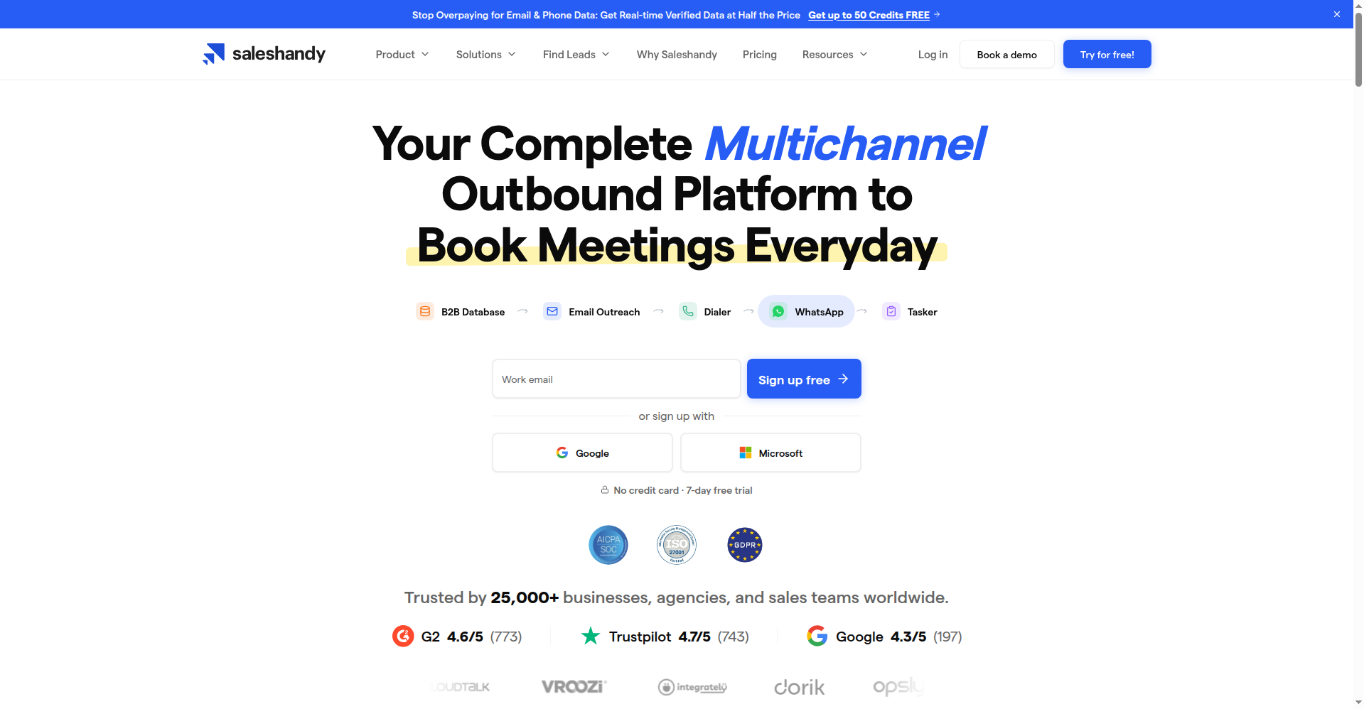 Saleshandy homepage hero showing the signup form and 7-day free trial offer