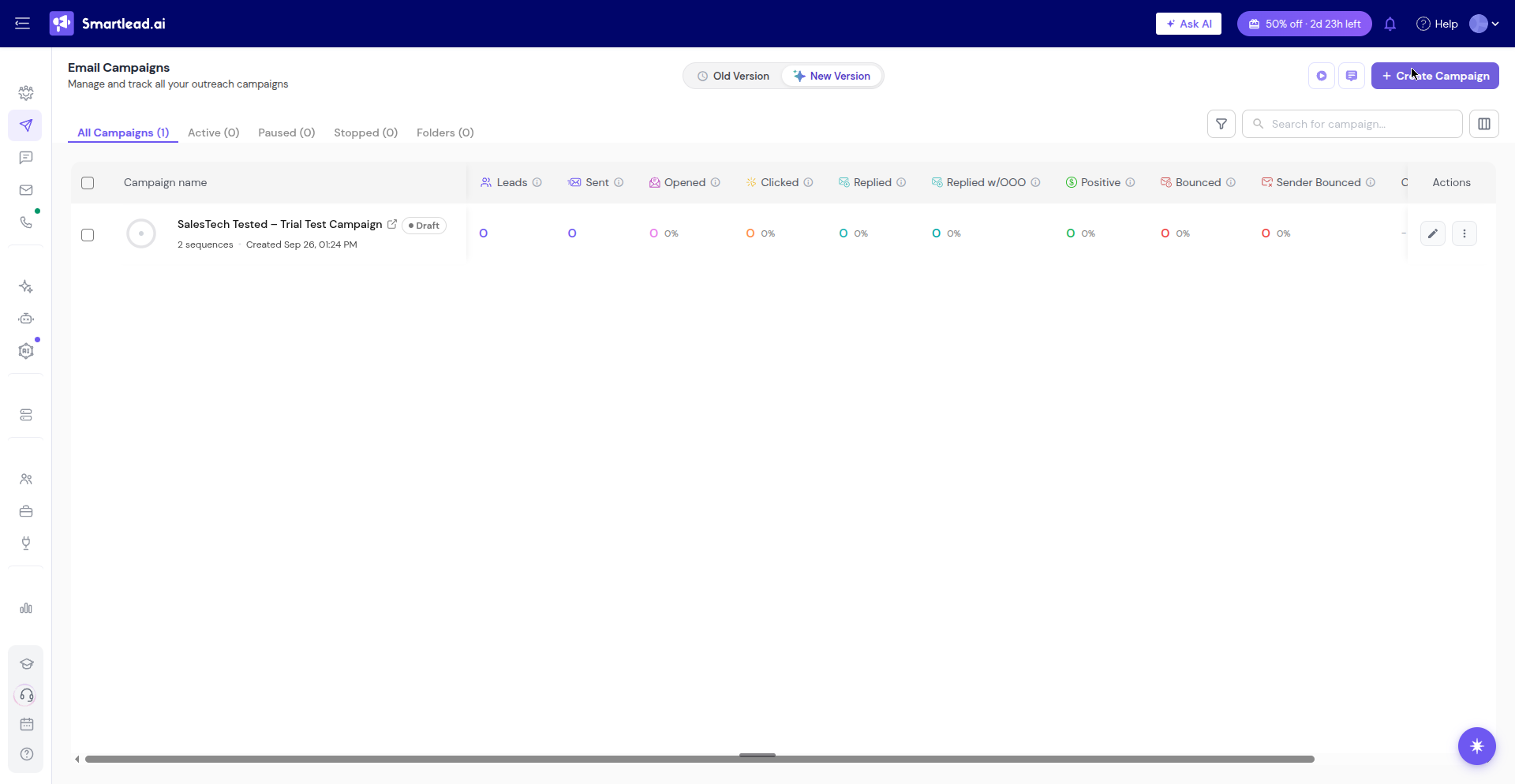 Our draft test campaign in Smartlead's v2 campaign dashboard