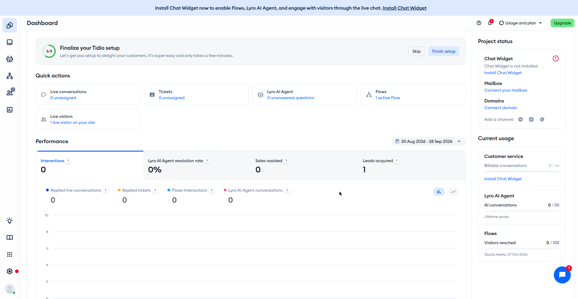 Tidio dashboard on the free plan showing true quotas