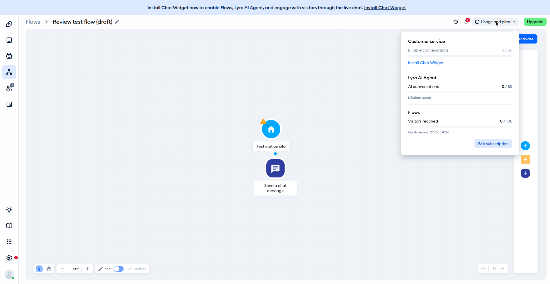 Tidio flows builder showing our draft first-visit flow