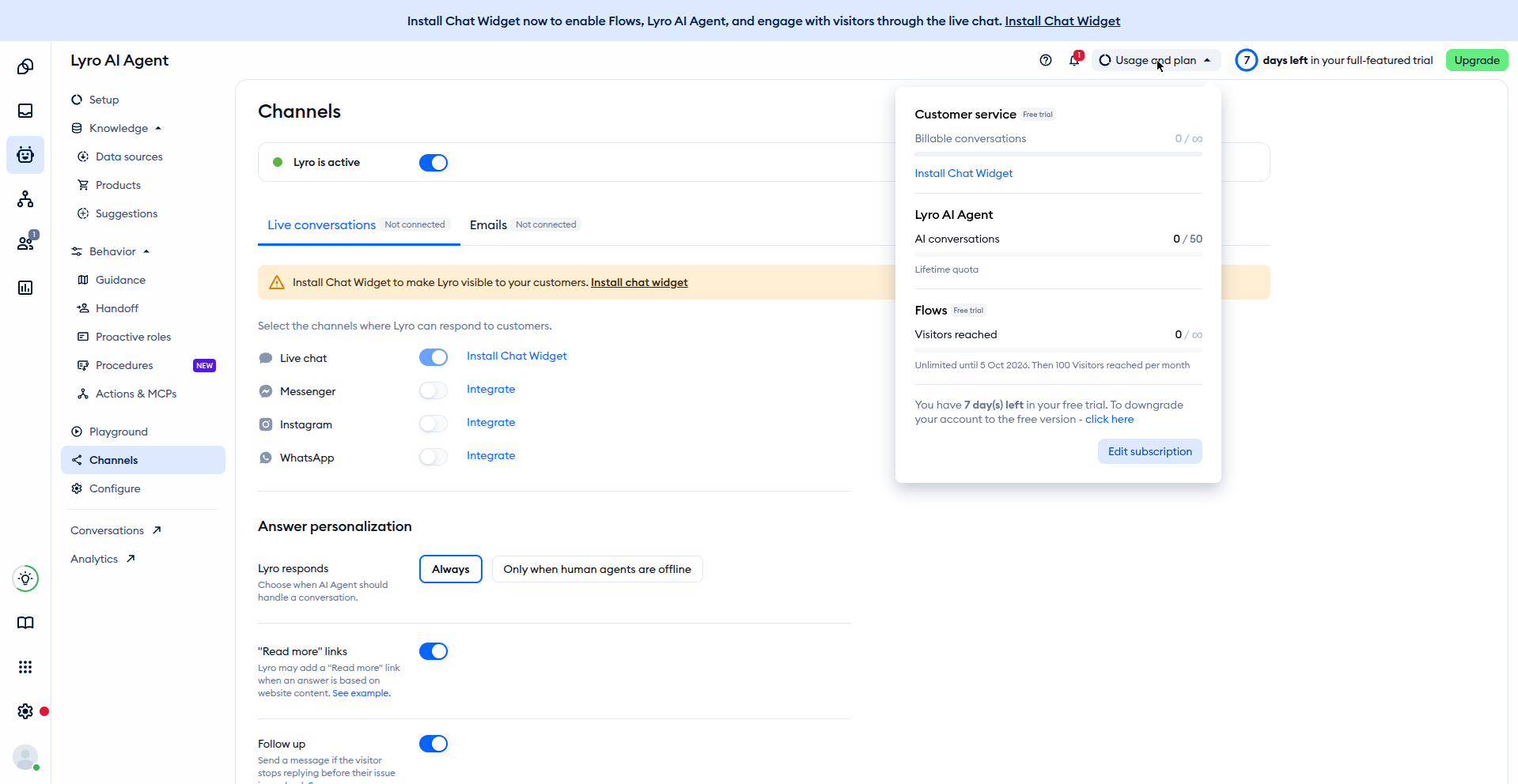 Lyro channels page showing Lyro auto-activated with trial quotas