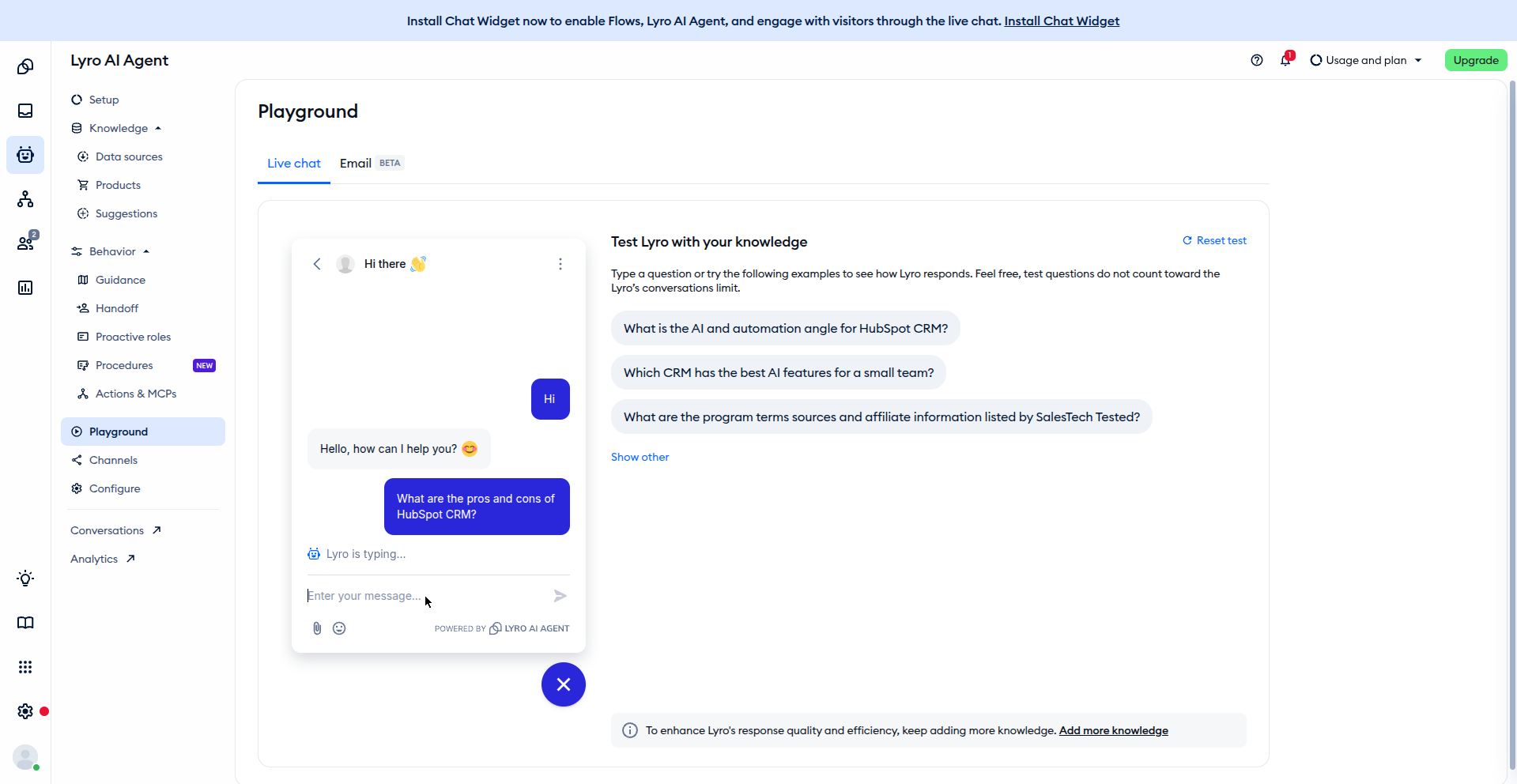 Lyro AI playground showing a grounded answer with sources
