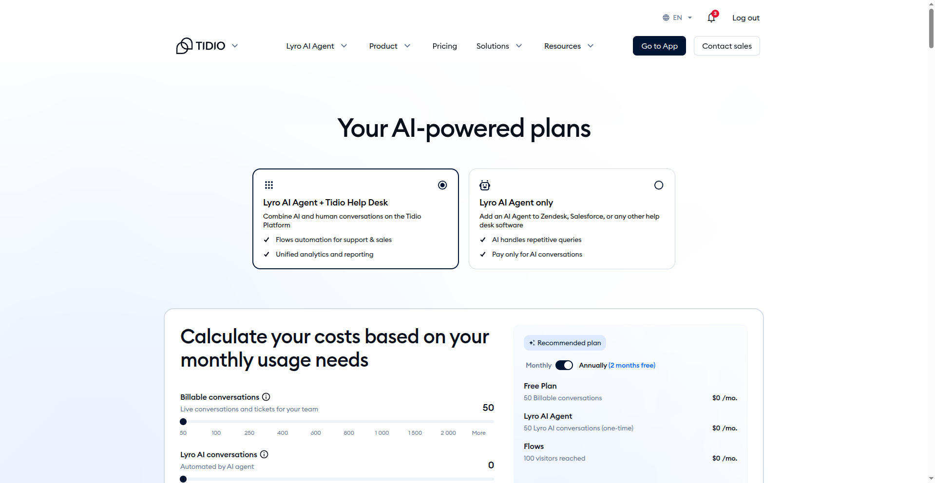 Tidio pricing page showing Free, Starter, Growth, and Plus plans