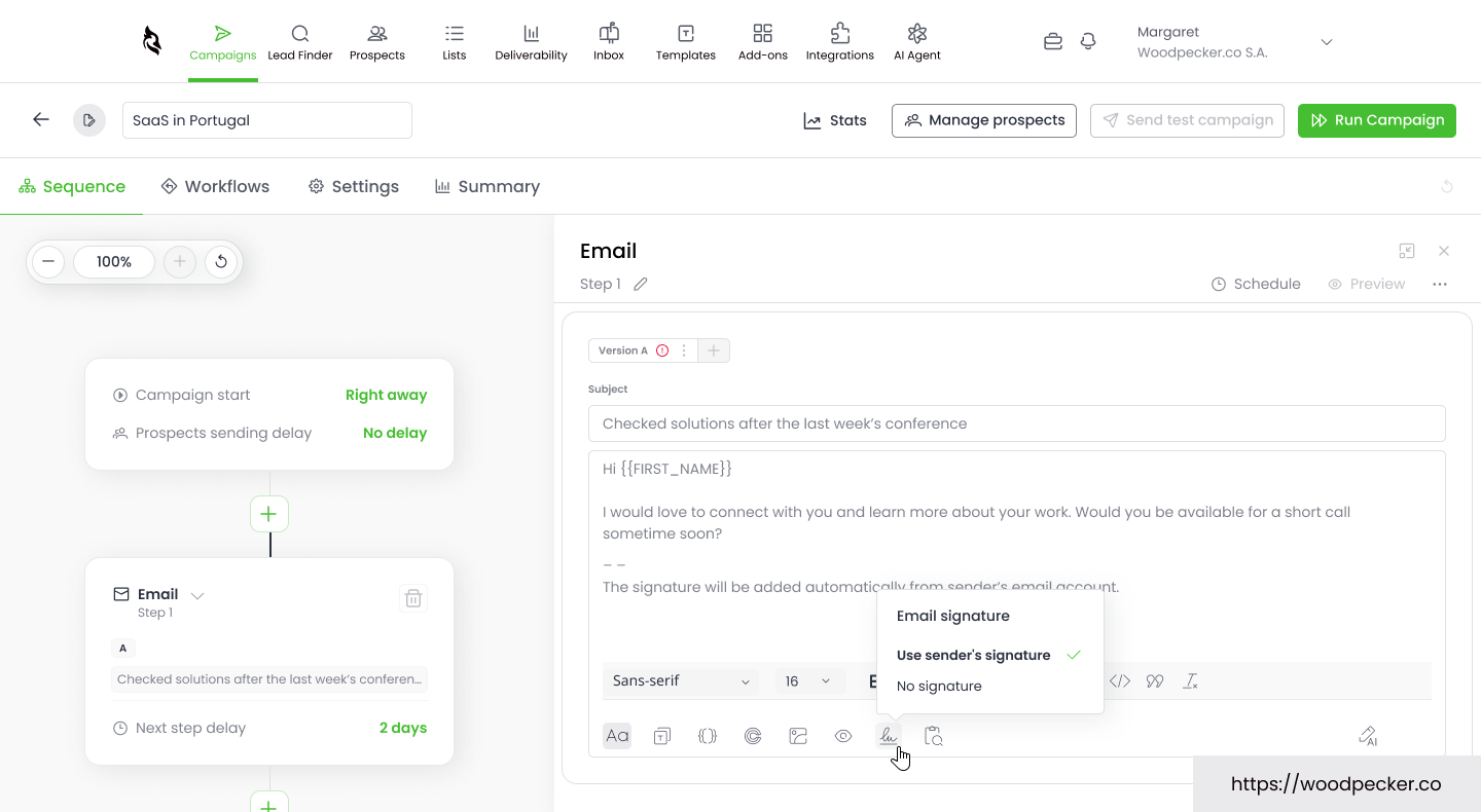 Woodpecker email editor product screenshot supplied by Woodpecker