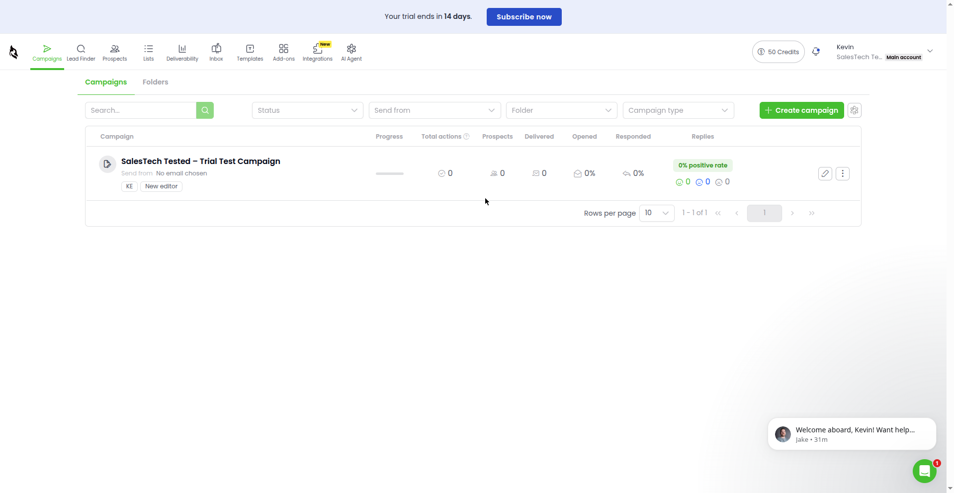 Woodpecker campaign list showing our draft test campaign after account activation